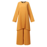 ZANZEA Women Muslim Sets Islamic Clothing Plain Suits Morocco Turkish Pleated Full Sleeve Tops Wide Legs Long Pants