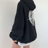 Vintage Moon Print Oversized Pullover Hoodie-Outfit