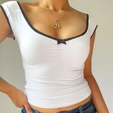 Trend Sweet And Spicy Style Small Sexy V-Collar Bow Splicing Color Slimming Vest T-Shirt 2024 Spring / Summer New Style-Outfit