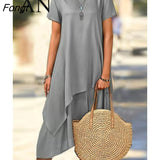 Women's Short Sleeve Round Neck Casual Asymmetric Hem Solid Color Midi Dress Chic and Elegant Woman Dress Women