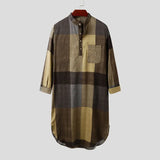 Muslim Men Islamic Kaftan Plaid Long Sleeve 2021 Stand Collar Casual Robes Arabic Vintage Caftan Cotton Men Jubba