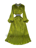 Light And Extravagant Miyake Pleated Long-Sleeved Diamond-Encrusted Vertical Collar Waist Showing Thin Bright Face A-Shaped Dress Dress-Outfit
