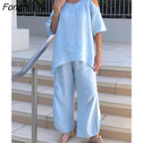 2023 New Women's Sling with Loose Shirt, Wide-leg Trousers Two-piece New In Matching Sets Set Woman 2