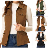 Fongt New Single Women's Vest Cardigan Zipper Jacket Multi-Pocket Solid Color Sleeveless