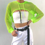 Crop Tops Mesh Fishnet Solid Shirt Blouse Beach Casual Long Sleeve Hollow Out Hoodies Pullovers Sun Protection Top