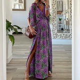 Fongt 2023 New Fashion V-Neck Short-Sleeved Loose Bohemian Side Slit Dress Print Dress-Outfit