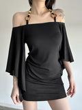 Fongt Shoulder Design Beads With Hanging Neck Horn Sleeve Tops The Folding Tight Waist Thin Knitting Temperament Top