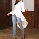 ZANZEA Fashion Women Ruffles Hem Blouse Elegant Lapel Neck Swallowtail Shirts Solid Long Sleeve High Waist Tops Irregular