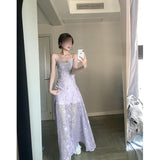 Fongt Blue Floral Sling Dress Women's Summer Seaside Vacation Beautiful Temperament Waist Temperament Pure Desire