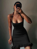 Knitted Halter Dress Falbala Cut Out Backless Bodycon Mini Dress Tie up High Waist Patchwork Women Black Summer