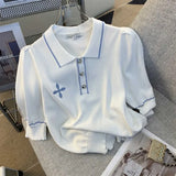 Women High Quality Summer 2-piece Set O-Neck Black Short Sleeve Knit Tops+Blue Printed Denim Mini Skirt Suit Female