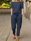 Women Summer Solid Matching Set Half Sleeve O-Neck Oversize Thin Blouse Wide Leg Pant Femme Holiday Elastic Vintage