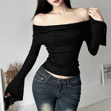 Fongt Summer Women's Solid Color Slim Fashion Temperament A Word Collar Sexy Back Long-Sleeved T-Shirt-Outfit