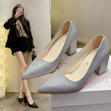 Fongt And Summer Korean Version Of Thick Heel Single Shoes Net Red Sexy Professional High Heels Gentle Style Dress 35-43