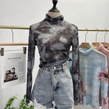 Autumn Single-Layer Mesh Base T Shirt Girls Printed Full Sleeve Turtleneck Tees Slim Women See Through Tshirts-Outfit