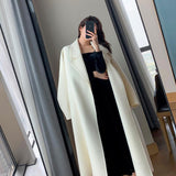 Midi Wool Blends Coat Women Korean Thicken Long Bandage Jackets Oversized Lace Up Outwear White Cardigan Woolen Overcoat-Outfit