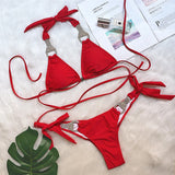 Fongt Vacation Solid Color Sexy Strap Swimsuit 2023 New Bikini Rhinestone Bathing