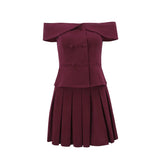 Solid Off-Shoulder Buttoned Top And Pleated Mini Skirt Set-Outfit