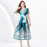 Fongt Court Dress Female Design Print Strap To The Waist Long French Bubble Sleeve Temperament Dress Dress Woman