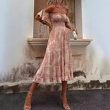 Fongt Spring And Summer New Print Open Shoulder With Chest Sexy Rest Lotus Leaf Sleeve Dress 8058-Outfit