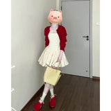 Fongt Gentle Temperament Red Knitted Shirt Coat Wave Dot Square Tie Dress Women's Spring And Summer New Set