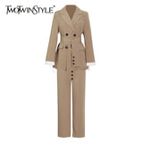 TWOTWINSTYLE Temperament Black Two Piece Set For Women Notched Long Sleeve Sashes Blazer High Waist Wide Leg Pants Female