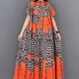 Stylish Leopard Spliced Long Dress Summer A-Line Waist Loose Female Clothing Half High Collar Button Commute Dresses New-Outfit