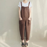 2021 Summer Women Loose Casual Bib Overalls Cotton Linen Rompers Long Jumpsuits Solid Strappy Pockets Dungarees