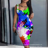 Oil Painting Pattern Women's Loose Digital Print Sleeveless Round Collar Slim Skirt EA21678 Series-Outfit