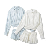 Plaid Ruched Buttoned Shirt And Pleated Micro Skirt-Outfit