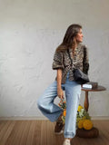 Fashion Casual Leopard Print Hollowed-Out Lace-Up Bubble Sleeve Shirt Women's Top-Outfit