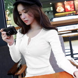 Fongt Autumn Button Thread Solid Color Long Sleeve T-Shirt Female Slim Korean New Plus Size Top Bottom