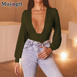 Black Deep V Neck Bodysuit Women Sexy Puff Sleeve Bodycon Jumpsuit Solid Elastic Casual Party Winter Bodysuits Body