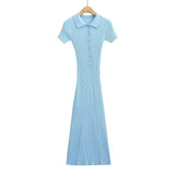 Fashion Women's Wear Pure Style Lapel Short-Sleeved Fishtail Dress Skirt Waist Slim Hip Knit Long Skirt-Outfit
