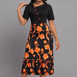 Fongt Long-Waisted Temperament Commuter Black Dress Set Short-Sleeved Printed Dress