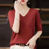 Fongt The Summer Of 2023, Women's Knit Short Sleeve Korean V-Neck Solid Color T-Shirt And A Pit Top-Outfit