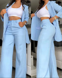 Fongt Women's Temperament Elegant Solid Color Open Slit Sleeve Lapel Suit Bag Straight Pants