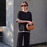 Fongt Fashion Suit Temperament Bumpy Open Fork Short-Sleeved Knit Shirt High Waist Thin Leg Trousers Two Sets