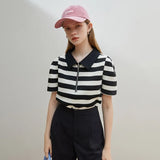 Simple Women T-shirt Black White Striped Polo Collar Casual All-match 2022 Summer New Loose Commute Female Tops