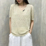 Fongt Summer Solid Color Loose Short-Sleeved Bottom Shirt Literary Casual Jacket V-Neck Knit T-Shirt Women-Outfit