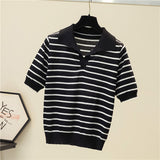 Vintage Short Sleeve Knitted T-shirts Girls Basic Striped Stretchy V-neck TShirts Tops For Women-Outfit