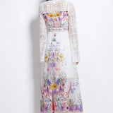 Fongt Holiday Style Dress Women's Spring Court Deep V-Neck Lace Horn Sleeve Single Buckle Print Dress