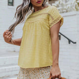 Neck Lace Crochet Solid Color Short Sleeve Casual Top Women's