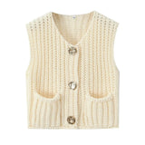 Fongt 2025 Spring And Autumn 2025 New Women's Pocket Sleeveless Short Knitted Cardigan Vest