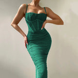 Evening Party Dresses Mesh Wedding Guest Dinner Maxi Dress Sexy Elegant Ruched Spaghetti Strap Dresses For Women 2023 Lined-Outfit