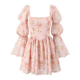 Floral Print Long Puff Sleeve Square Collar Mini Dress-Outfit