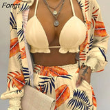 Women's Summer Suit Printed Lantern Sleeve Shirt Shorts 3pc Set Swimsui Women Bikini Set Women's Suit Women's