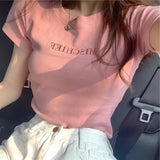 Fongt 2024 New Korean Letter Embroidered Slim Short-Sleeve T-Shirt Women's