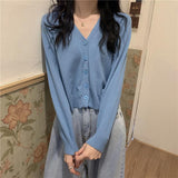 Fongt With Long-Sleeved Sweater Female 2024 New Korean Version Gentle Wind Short White Cardigan V-Neck Jacket-Outfit