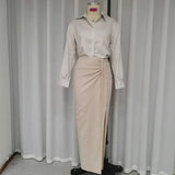 Fongt 2024 New Fashion Low-Cut Striped Shirt High-Waisted Slit Skirt Suit-Outfit